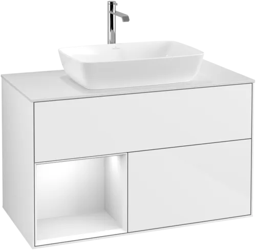 VILLEROY BOCH Toaletní skříňka Finion, s osvětlením, 2 výsuvy, 1000 x 603 x 501 mm, lesklý bílý lak / lesklý bílý lak / sklo bílé matné #F771GFGF