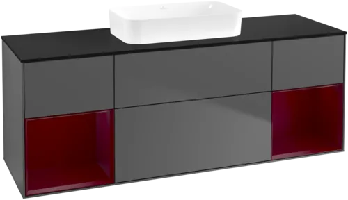 VILLEROY BOCH Toaletní skříňka Finion, s osvětlením, 4 výsuvy, 1600 x 603 x 501 mm, antracitový matný lak / pivoňkový matný lak / černé matné sklo #F742HBGK