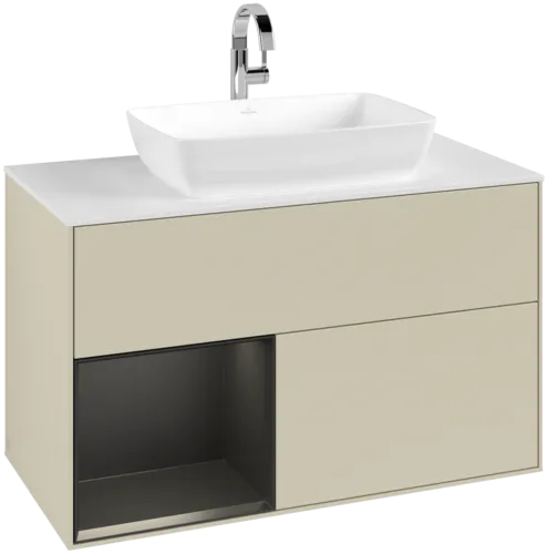 VILLEROY BOCH Toaletní skříňka Finion, s osvětlením, 2 výsuvy, 1000 x 603 x 501 mm, hedvábně šedý matný lak / černý matný lak / bílé matné sklo #F771PDHJ