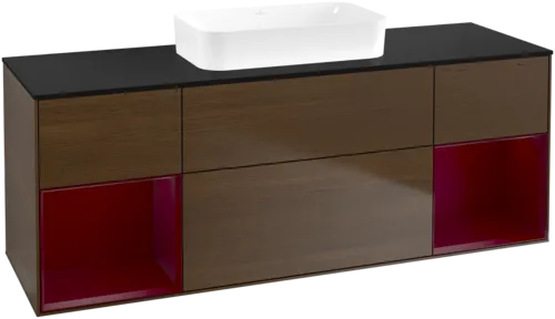 VILLEROY BOCH Toaletní skříňka Finion, s osvětlením, 4 výsuvy, 1600 x 603 x 501 mm, ořechová dýha / pivoňkový matný lak / černé matné sklo #F742HBGN
