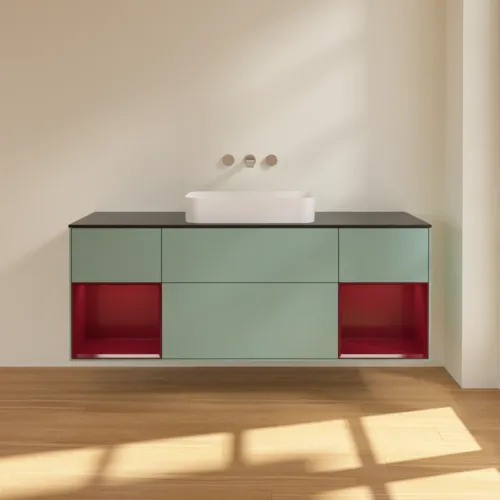 VILLEROY BOCH Toaletní skříňka Finion, s osvětlením, 4 výsuvy, 1600 x 603 x 501 mm, olivový matný lak / pivoňkový matný lak / černé matné sklo #F742HBGM, obrázek 3