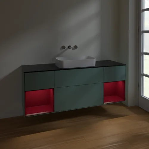 VILLEROY BOCH Toaletní skříňka Finion, s osvětlením, 4 výsuvy, 1600 x 603 x 501 mm, olivový matný lak / pivoňkový matný lak / černé matné sklo #F742HBGM, obrázek 5
