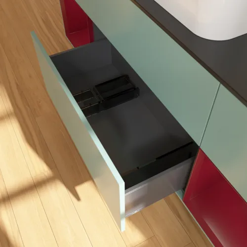 VILLEROY BOCH Toaletní skříňka Finion, s osvětlením, 4 výsuvy, 1600 x 603 x 501 mm, olivový matný lak / pivoňkový matný lak / černé matné sklo #F742HBGM, obrázek 7
