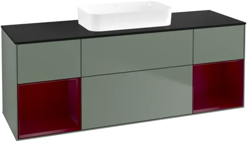 VILLEROY BOCH Toaletní skříňka Finion, s osvětlením, 4 výsuvy, 1600 x 603 x 501 mm, olivový matný lak / pivoňkový matný lak / černé matné sklo #F742HBGM