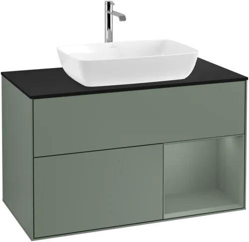 VILLEROY BOCH Toaletní skříňka Finion, s osvětlením, 2 výsuvy, 1000 x 603 x 501 mm, olivově matný lak / olivově matný lak / sklo černé matné #F782GMGM