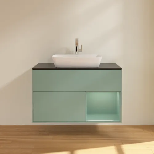VILLEROY BOCH Toaletní skříňka Finion, s osvětlením, 2 výsuvy, 1000 x 603 x 501 mm, olivově matný lak / olivově matný lak / sklo černé matné #F782GMGM, obrázek 3
