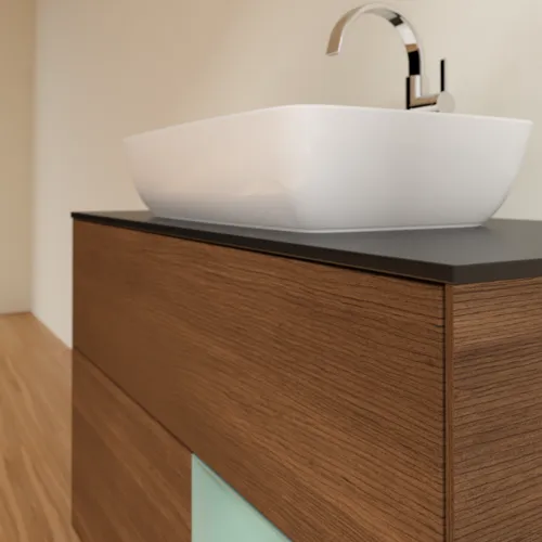 VILLEROY BOCH Toaletní skříňka Finion, s osvětlením, 2 výsuvy, 1000 x 603 x 501 mm, ořechová dýha / olivový matný lak / sklo černé matné #F782GMGN, obrázek 6