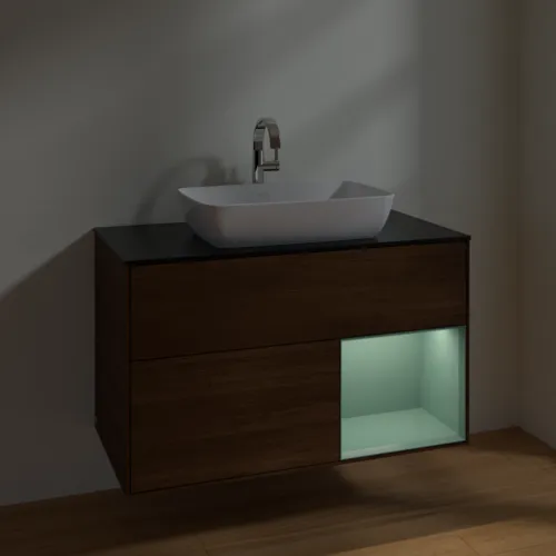 VILLEROY BOCH Toaletní skříňka Finion, s osvětlením, 2 výsuvy, 1000 x 603 x 501 mm, ořechová dýha / olivový matný lak / sklo černé matné #F782GMGN, obrázek 5
