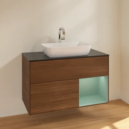 VILLEROY BOCH Toaletní skříňka Finion, s osvětlením, 2 výsuvy, 1000 x 603 x 501 mm, ořechová dýha / olivový matný lak / sklo černé matné #F782GMGN, obrázek 2