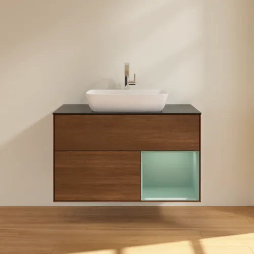 VILLEROY BOCH Toaletní skříňka Finion, s osvětlením, 2 výsuvy, 1000 x 603 x 501 mm, ořechová dýha / olivový matný lak / sklo černé matné #F782GMGN, obrázek 3
