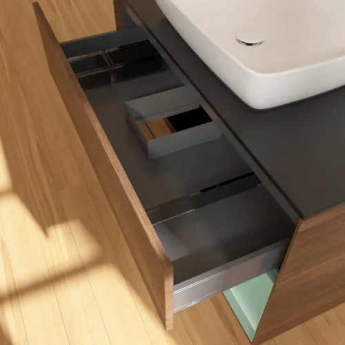 VILLEROY BOCH Toaletní skříňka Finion, s osvětlením, 2 výsuvy, 1000 x 603 x 501 mm, ořechová dýha / olivový matný lak / sklo černé matné #F782GMGN, obrázek 8