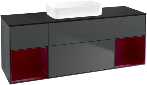 VILLEROY BOCH Toaletní skříňka Finion, s osvětlením, 4 výsuvy, 1600 x 603 x 501 mm, Midnight Blue Matt Lacquer / Peony Matt Lacquer / Glass Black Matt #F742HBHG