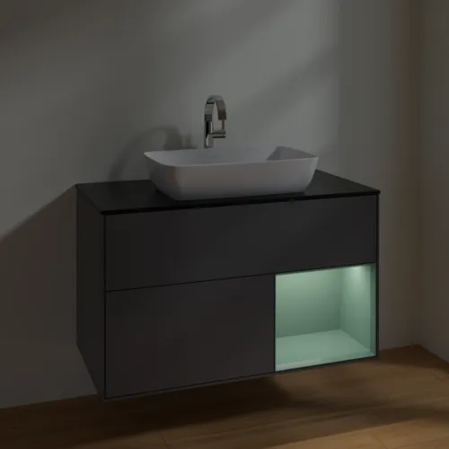 VILLEROY BOCH Toaletní skříňka Finion, s osvětlením, 2 výsuvy, 1000 x 603 x 501 mm, antracitový matný lak / olivový matný lak / černé matné sklo #F782GMGK, obrázek 5
