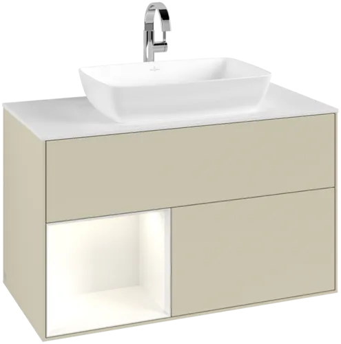 VILLEROY BOCH Toaletní skříňka Finion, s osvětlením, 2 výsuvy, 1000 x 603 x 501 mm, hedvábně šedý matný lak / lesklý bílý lak / sklo bílé matné #F771GFHJ