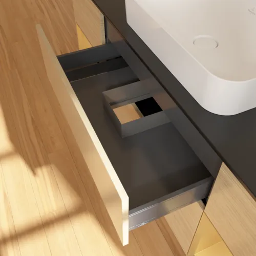 VILLEROY BOCH Toaletní skříňka Finion, s osvětlením, 4 výsuvy, 1600 x 603 x 501 mm, dubová dýha / zlatý matný lak / černé matné sklo #F742HFPC, obrázek 8