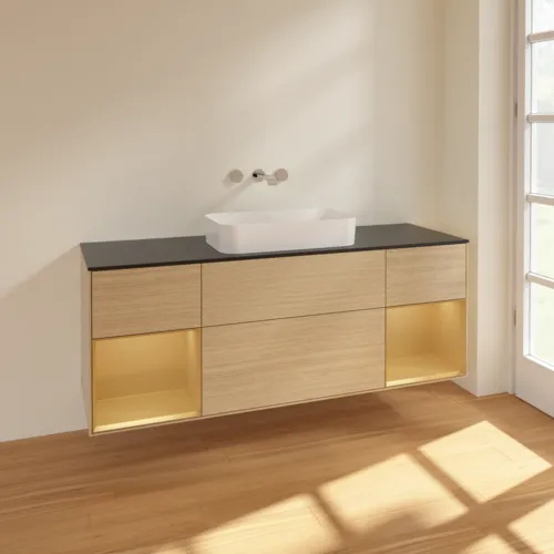VILLEROY BOCH Toaletní skříňka Finion, s osvětlením, 4 výsuvy, 1600 x 603 x 501 mm, dubová dýha / zlatý matný lak / černé matné sklo #F742HFPC, obrázek 2