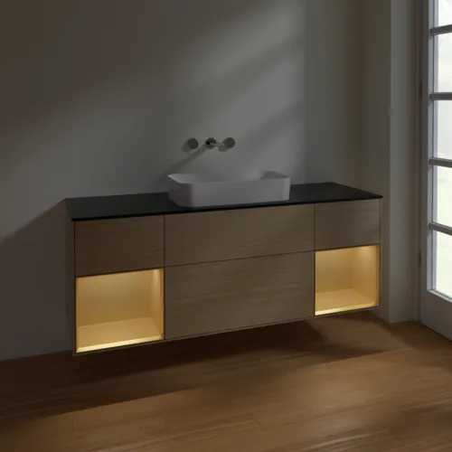 VILLEROY BOCH Toaletní skříňka Finion, s osvětlením, 4 výsuvy, 1600 x 603 x 501 mm, dubová dýha / zlatý matný lak / černé matné sklo #F742HFPC, obrázek 5