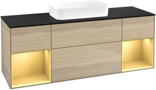 VILLEROY BOCH Toaletní skříňka Finion, s osvětlením, 4 výsuvy, 1600 x 603 x 501 mm, dubová dýha / zlatý matný lak / černé matné sklo #F742HFPC