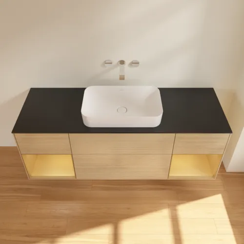 VILLEROY BOCH Toaletní skříňka Finion, s osvětlením, 4 výsuvy, 1600 x 603 x 501 mm, dubová dýha / zlatý matný lak / černé matné sklo #F742HFPC, obrázek 4