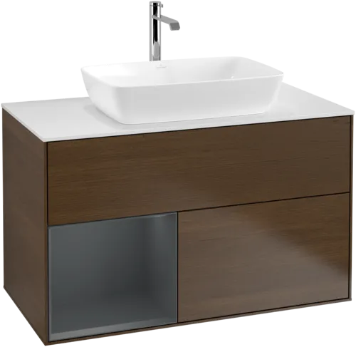 VILLEROY BOCH Toaletní skříňka Finion, s osvětlením, 2 výsuvy, 1000 x 603 x 501 mm, ořechová dýha / půlnočně modrý matný lak / sklo bílé matné #F771HGGN, obrázek 1