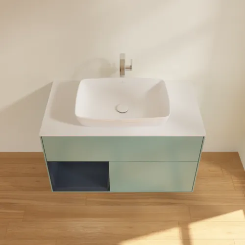 VILLEROY BOCH Toaletní skříňka Finion, s osvětlením, 2 výsuvy, 1000 x 603 x 501 mm, olivový matný lak / půlnoční modrý matný lak / bílé matné sklo #F771HGGM, obrázek 4