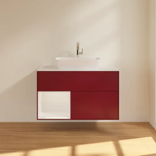 VILLEROY BOCH Toaletní skříňka Finion, s osvětlením, 2 výsuvy, 1000 x 603 x 501 mm, Pivoňka matný lak / lesklý bílý lak / sklo bílé matné #F771GFHB, obrázek 3