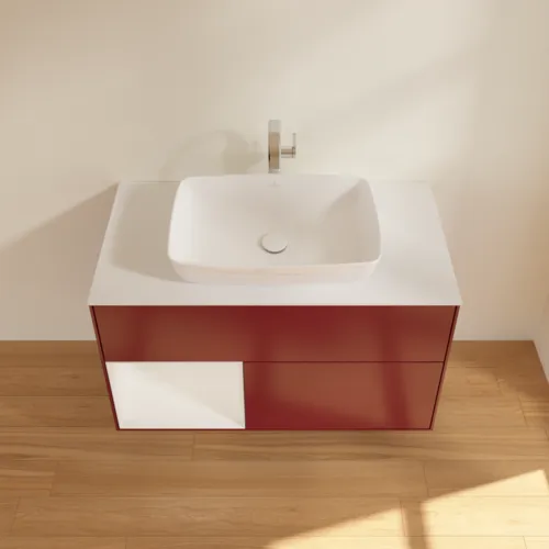 VILLEROY BOCH Toaletní skříňka Finion, s osvětlením, 2 výsuvy, 1000 x 603 x 501 mm, Pivoňka matný lak / lesklý bílý lak / sklo bílé matné #F771GFHB, obrázek 4