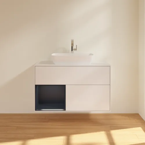VILLEROY BOCH Toaletní skříňka Finion, s osvětlením, 2 výsuvy, 1000 x 603 x 501 mm, lesklý bílý lak / půlnoční modrý matný lak / bílé matné sklo #F771HGGF, obrázek 3