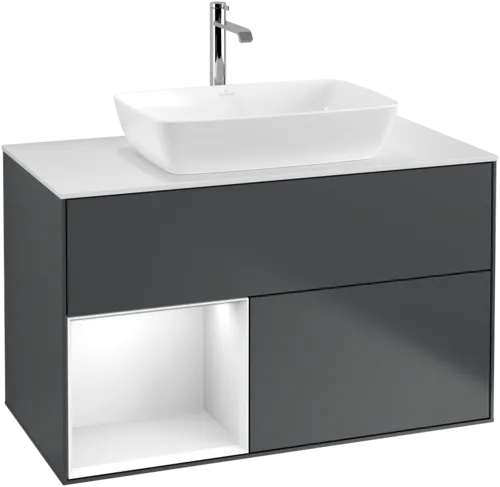 VILLEROY BOCH Toaletní skříňka Finion, s osvětlením, 2 výsuvy, 1000 x 603 x 501 mm, Midnight Blue Matt Lacquer / Glossy White Lacquer / Glass White Matt #F771GFHG, obrázek 1
