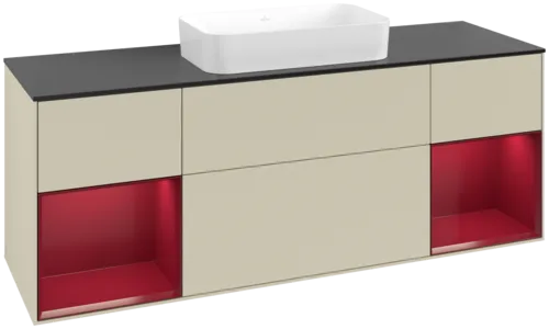 VILLEROY BOCH Toaletní skříňka Finion, s osvětlením, 4 výsuvy, 1600 x 603 x 501 mm, Silk Grey Matt Lacquer / Peony Matt Lacquer / Glass Black Matt #F742HBHJ