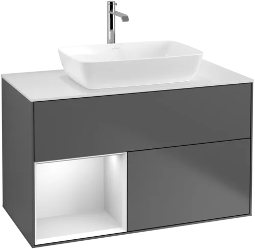 VILLEROY BOCH Toaletní skříňka Finion, s osvětlením, 2 výsuvy, 1000 x 603 x 501 mm, antracitový matný lak / bílý matný lak / bílé matné sklo #F771MTGK, obrázek 1
