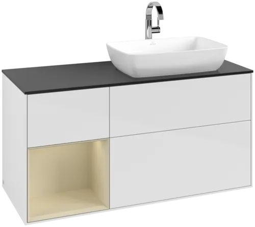 VILLEROY BOCH Toaletní skříňka Finion, s osvětlením, 3 výsuvy, 1200 x 603 x 501 mm, lesklý bílý lak / hedvábně šedý matný lak / černé matné sklo #F802HJGF