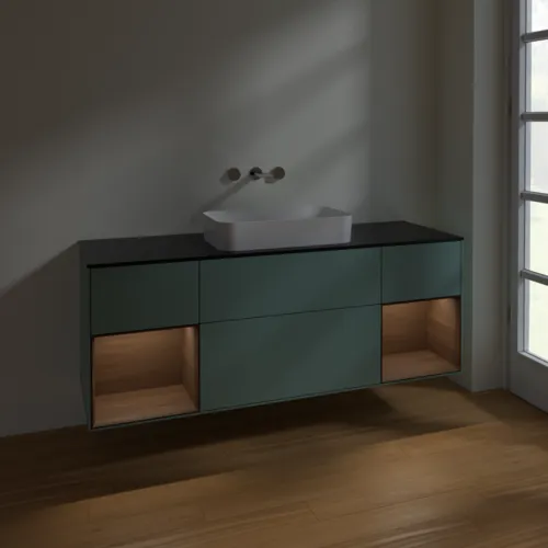 VILLEROY BOCH Toaletní skříňka Finion, s osvětlením, 4 výsuvy, 1600 x 603 x 501 mm, olivový matný lak / ořechová dýha / černé matné sklo #F742GNGM, obrázek 5