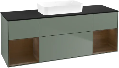 VILLEROY BOCH Toaletní skříňka Finion, s osvětlením, 4 výsuvy, 1600 x 603 x 501 mm, olivový matný lak / ořechová dýha / černé matné sklo #F742GNGM