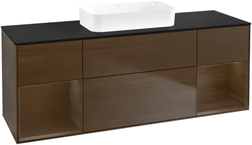 VILLEROY BOCH Toaletní skříňka Finion, s osvětlením, 4 výsuvy, 1600 x 603 x 501 mm, ořechová dýha / ořechová dýha / sklo černé matné #F742GNGN