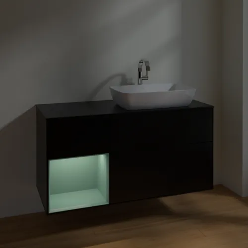 VILLEROY BOCH Toaletní skříňka Finion, s osvětlením, 3 výsuvy, 1200 x 603 x 501 mm, černý matný lak / olivový matný lak / černé matné sklo #F802GMPD, obrázek 2