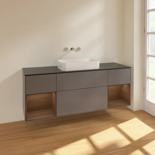 VILLEROY BOCH Toaletní skříňka Finion, s osvětlením, 4 výsuvy, 1600 x 603 x 501 mm, antracitový matný lak / ořechová dýha / černé matné sklo #F742GNGK, obrázek 2