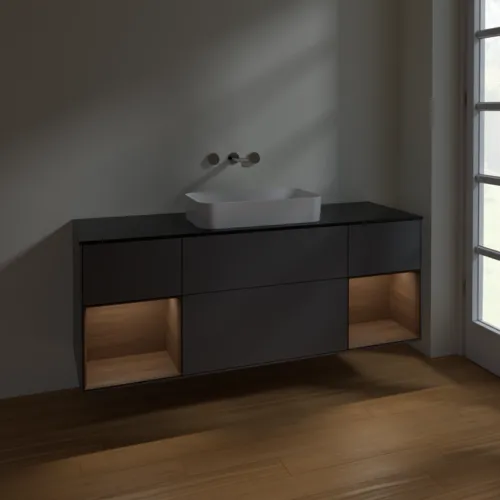 VILLEROY BOCH Toaletní skříňka Finion, s osvětlením, 4 výsuvy, 1600 x 603 x 501 mm, antracitový matný lak / ořechová dýha / černé matné sklo #F742GNGK, obrázek 5