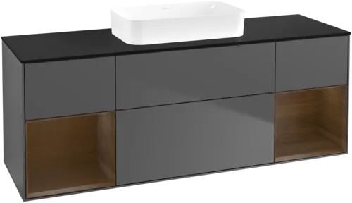 VILLEROY BOCH Toaletní skříňka Finion, s osvětlením, 4 výsuvy, 1600 x 603 x 501 mm, antracitový matný lak / ořechová dýha / černé matné sklo #F742GNGK