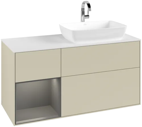 VILLEROY BOCH Toaletní skříňka Finion, s osvětlením, 3 výsuvy, 1200 x 603 x 501 mm, hedvábně šedý matný lak / antracitový matný lak / bílé matné sklo #F801GKHJ