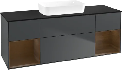 VILLEROY BOCH Toaletní skříňka Finion, s osvětlením, 4 výsuvy, 1600 x 603 x 501 mm, půlnočně modrý matný lak / ořechová dýha / černé matné sklo #F742GNHG