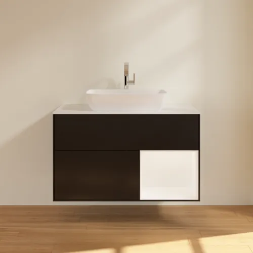VILLEROY BOCH Toaletní skříňka Finion, s osvětlením, 2 výsuvy, 1000 x 603 x 501 mm, černý matný lak / bílý matný lak / bílé matné sklo #F781MTPD, obrázek 3