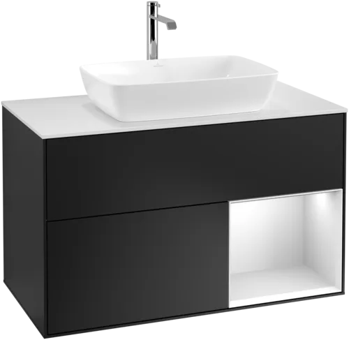 VILLEROY BOCH Toaletní skříňka Finion, s osvětlením, 2 výsuvy, 1000 x 603 x 501 mm, černý matný lak / bílý matný lak / bílé matné sklo #F781MTPD, obrázek 1
