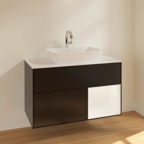 VILLEROY BOCH Toaletní skříňka Finion, s osvětlením, 2 výsuvy, 1000 x 603 x 501 mm, černý matný lak / bílý matný lak / bílé matné sklo #F781MTPD, obrázek 2