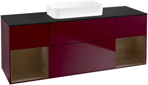 VILLEROY BOCH Toaletní skříňka Finion, s osvětlením, 4 výsuvy, 1600 x 603 x 501 mm, matný lak Peony / ořechová dýha / černé matné sklo #F742GNHB