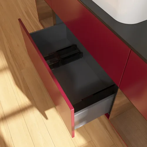VILLEROY BOCH Toaletní skříňka Finion, s osvětlením, 4 výsuvy, 1600 x 603 x 501 mm, matný lak Peony / ořechová dýha / černé matné sklo #F742GNHB, obrázek 7