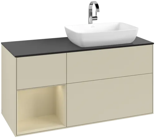 VILLEROY BOCH Toaletní skříňka Finion, s osvětlením, 3 výsuvy, 1200 x 603 x 501 mm, Silk Grey Matt Lacquer / Silk Grey Matt Lacquer / Glass Black Matt #F802HJHJ