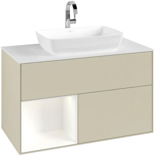 VILLEROY BOCH Toaletní skříňka Finion, s osvětlením, 2 výsuvy, 1000 x 603 x 501 mm, Silk Grey Matt Lacquer / White Matt Lacquer / Glass White Matt #F771MTHJ