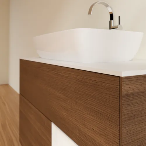 VILLEROY BOCH Toaletní stolek Finion, s osvětlením, 2 výsuvy, 1000 x 603 x 501 mm, ořechová dýha / lesklý bílý lak / sklo bílé matné #F781GFGN, obrázek 6