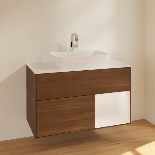 VILLEROY BOCH Toaletní stolek Finion, s osvětlením, 2 výsuvy, 1000 x 603 x 501 mm, ořechová dýha / lesklý bílý lak / sklo bílé matné #F781GFGN, obrázek 2